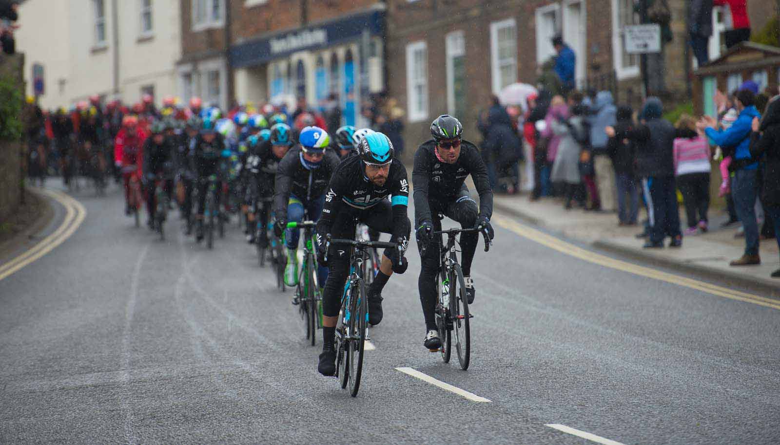 The main peloton passing through Knaresborough