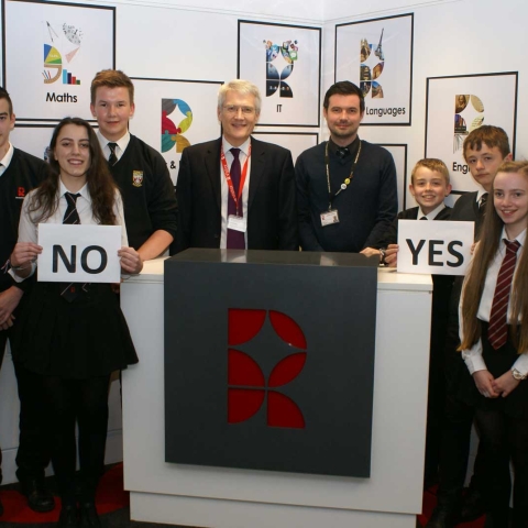 Andrew Jones, centre with teacher Luke Blackburn, meets young campaigner at Rossett School. From left: Sam Hudson, Keir Robson, Amelia Hain, James Porter, Joel Thompson, Nathan Sharpin, Sophie Moore and Joshua Wilson