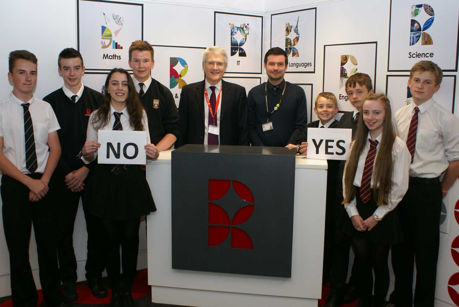 Andrew Jones, centre with teacher Luke Blackburn, meets young campaigner at Rossett School. From left: Sam Hudson, Keir Robson, Amelia Hain, James Porter, Joel Thompson, Nathan Sharpin, Sophie Moore and Joshua Wilson