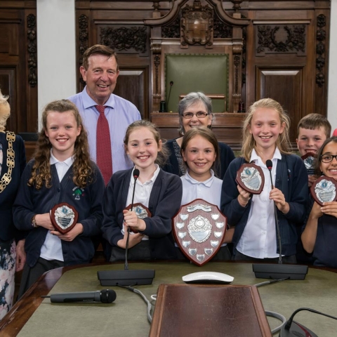 The winning team from Rossett Acre with (from left) Cllr Val Arnold, Cllr Cliff Trotter, Pauline Erwin, lead adviser English 0-19, and Cllr Janet Sanderson