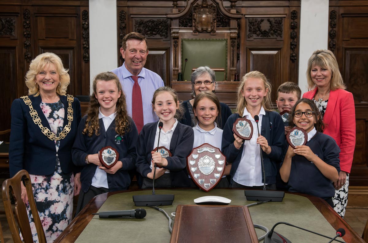 The winning team from Rossett Acre with (from left) Cllr Val Arnold, Cllr Cliff Trotter, Pauline Erwin, lead adviser English 0-19, and Cllr Janet Sanderson