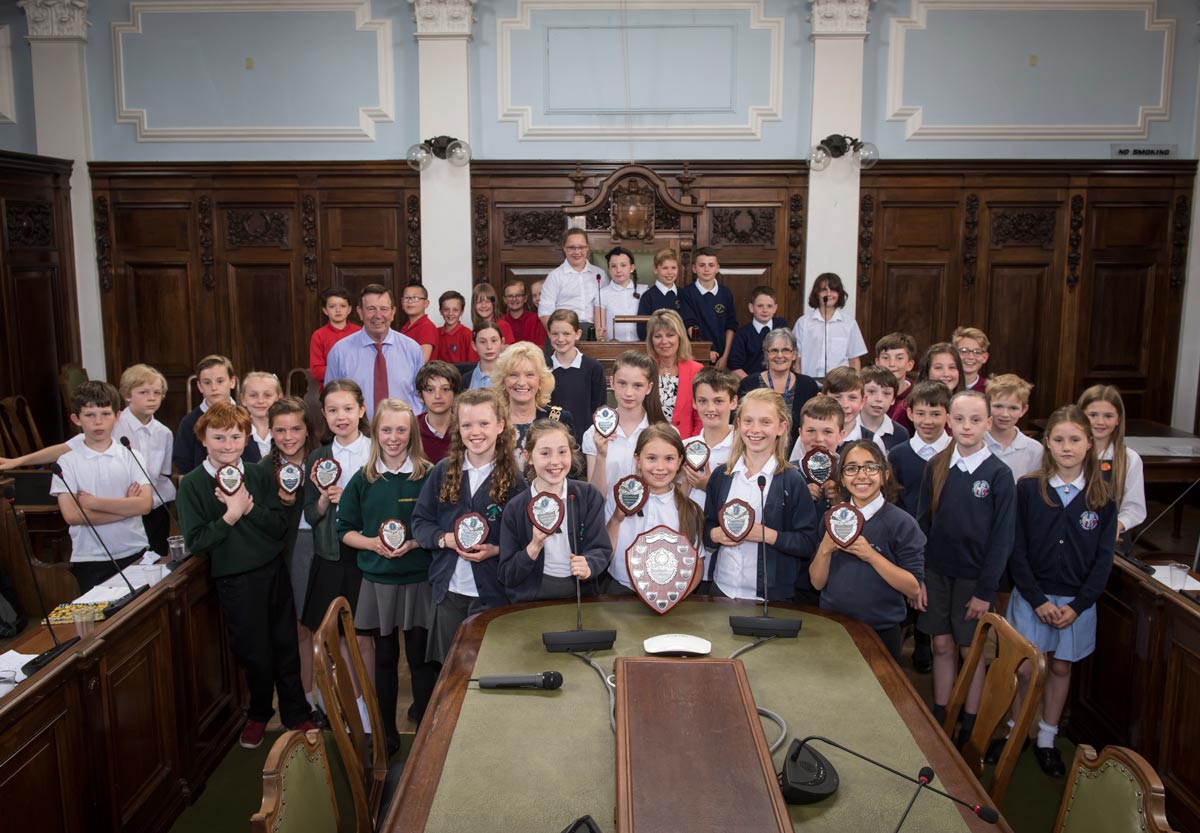 All the children who took part in the final with (from left) Cllr Cliff Trotter, Cllr Val Arnold, Pauline Erwin, lead adviser English 0-19, and Cllr Janet Sanderson