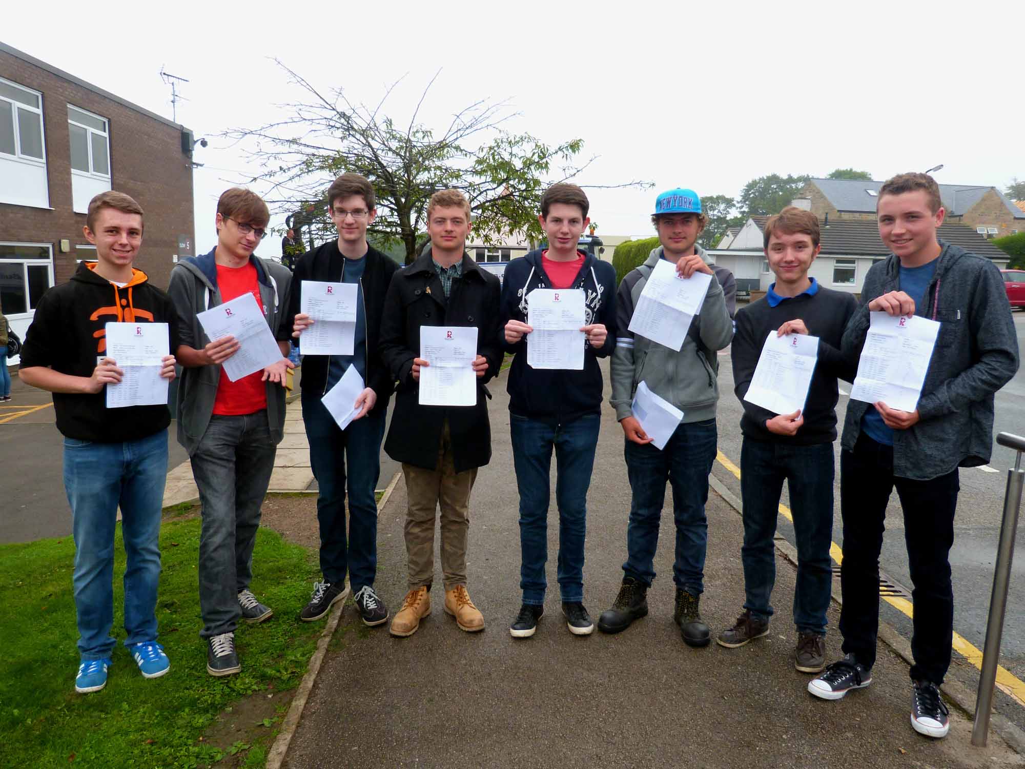 Matthew Petty, Huw Davis, Tom Hullah, Declan Taylor, Sam Corby, Finlay Taylor, Jamie Shakespeaare and Jamie Blundell celebrate getting their GCSE results at Rossett School