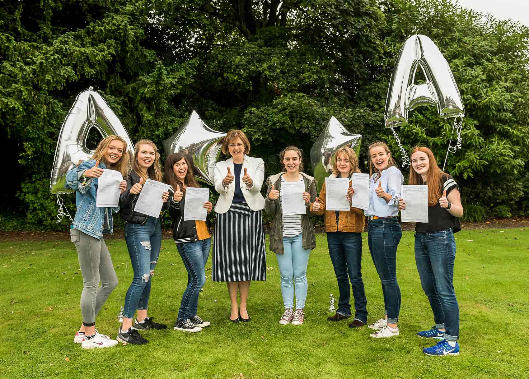 Sylvia Brett, Principal of Harrogate Ladies’ College joins pupils to celebrate an outstanding set of GCSE level results