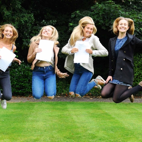 Harrogate Ladies’ College pupils celebrate an impressive set of A level results with the customary jump for joy!
