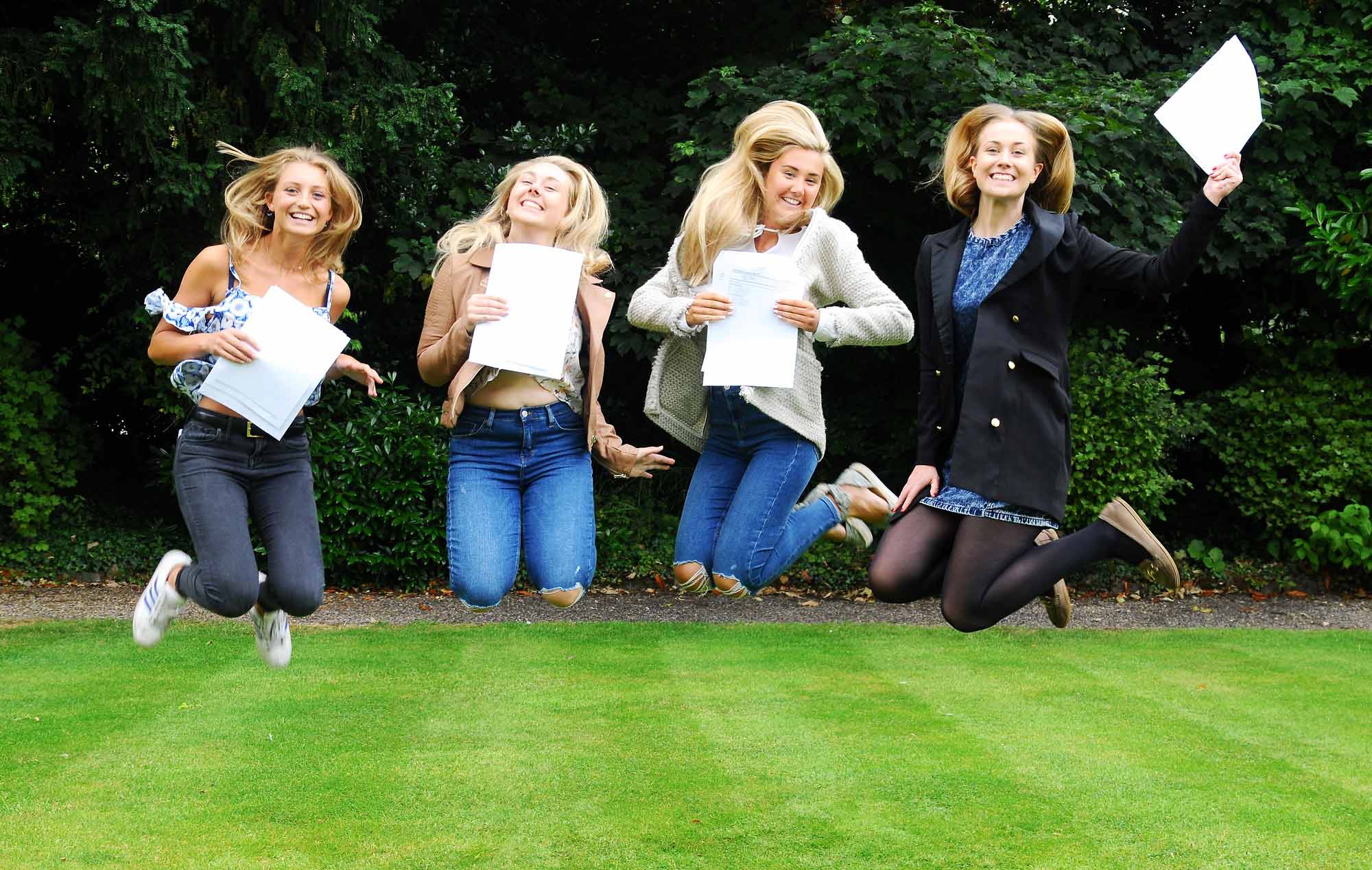 Harrogate Ladies’ College pupils celebrate an impressive set of A level results with the customary jump for joy!