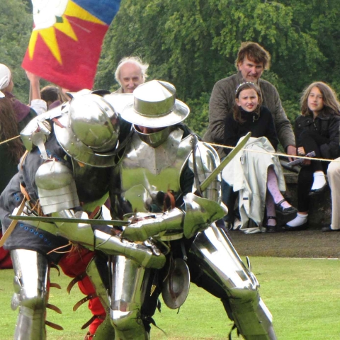 It’s harder in armour!  Settling their differences the old fashioned way at Knaresborough Castle’s Medieval Day in 2015