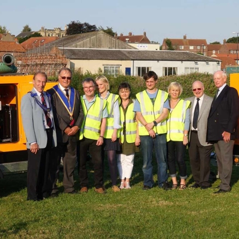 Pump It Up! Pictured with the two pumps funded by Freemasons from the Province of Yorkshire West Riding are Nicola Eades, co-ordinator; Carole Gill, volunteer; Jane Axwell, volunteer; David Bewley, co-ordinator; Russ Bewley, volunteer; Jack Pigott, Paul Clark, Assistant Provincial Grand Master; Peter Jestey, Master of Calcaria Lodge and Stuart Cadman