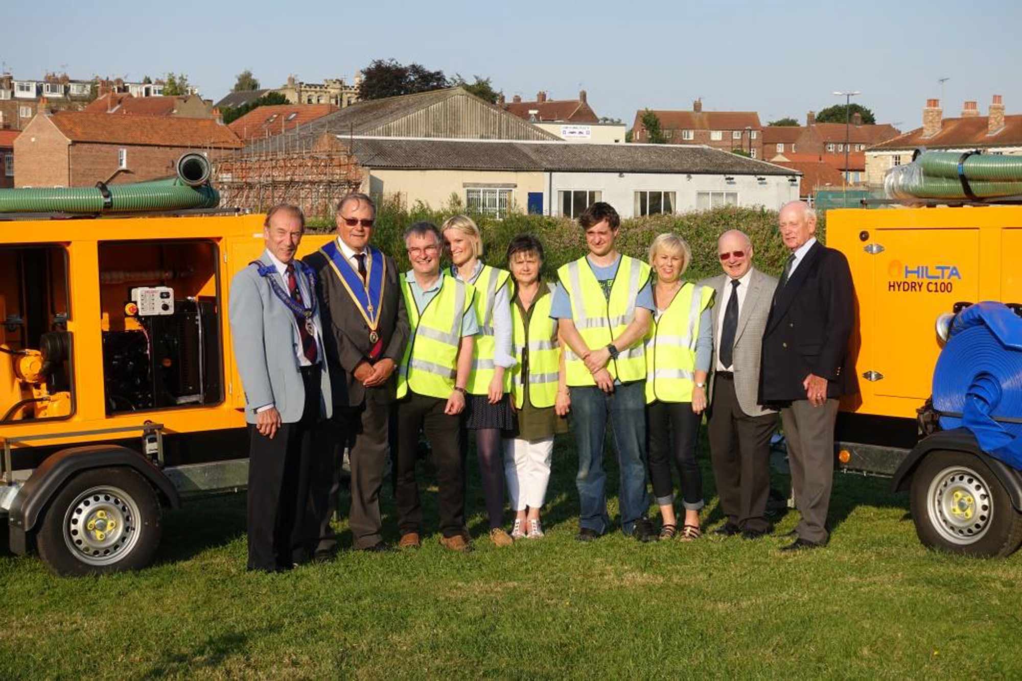 Pump It Up! Pictured with the two pumps funded by Freemasons from the Province of Yorkshire West Riding are Nicola Eades, co-ordinator; Carole Gill, volunteer; Jane Axwell, volunteer; David Bewley, co-ordinator; Russ Bewley, volunteer; Jack Pigott, Paul Clark, Assistant Provincial Grand Master; Peter Jestey, Master of Calcaria Lodge and Stuart Cadman