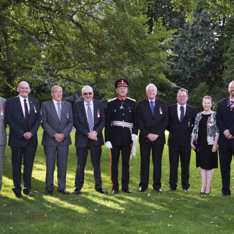 The recipients of the awards wearing their British Empire Medals with Lord-Lieutenant of North Yorkshire Mr Barry Dodd, Vice Lord-Lieutenant Mr Peter Scrope and Deputy Lord-Lieutenant Mr David Kerfoot MBE
