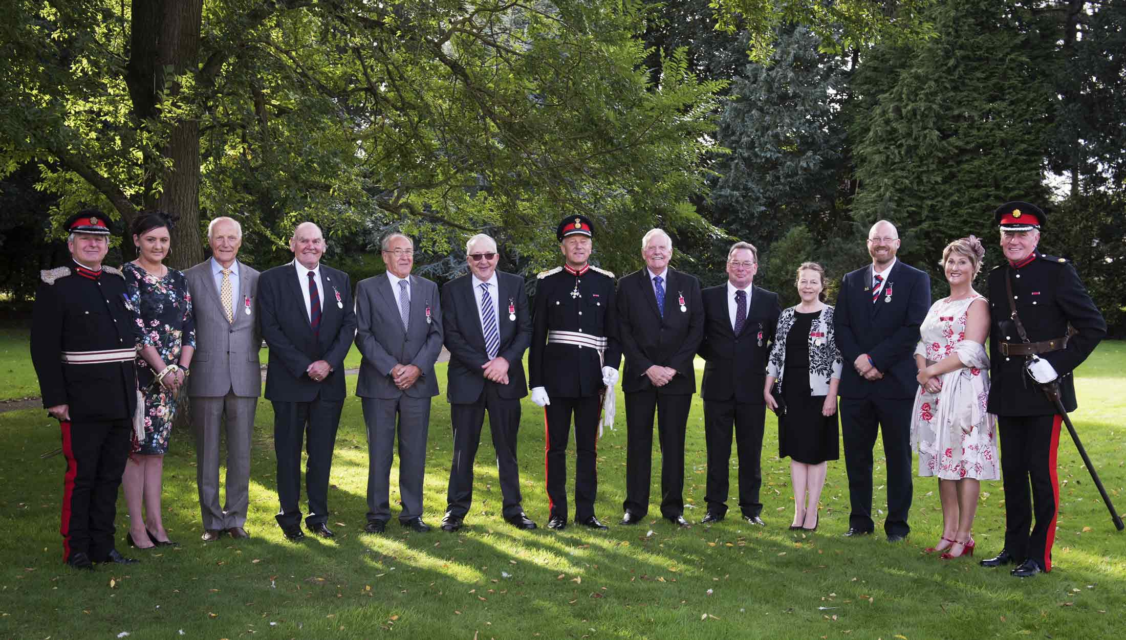 The recipients of the awards wearing their British Empire Medals with Lord-Lieutenant of North Yorkshire Mr Barry Dodd, Vice Lord-Lieutenant Mr Peter Scrope and Deputy Lord-Lieutenant Mr David Kerfoot MBE