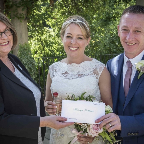 Superintendent Registrar Sue Lewis, left, with newlyweds Alison Towers and Steven Burns at the Sun Pavilion in Valley Gardens, Harrogate