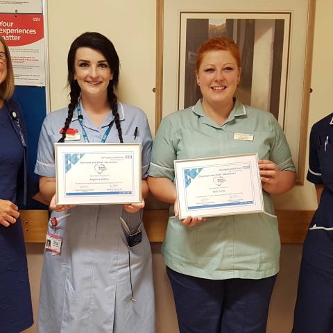 Ros Tolcher, Chief Executive; Angelina Bolton, Registered Nurse Worker; and Kelly Toole, Care Support Worker, with their Making a Difference Award certificate; and Phillippa West, Granby Ward Sister
