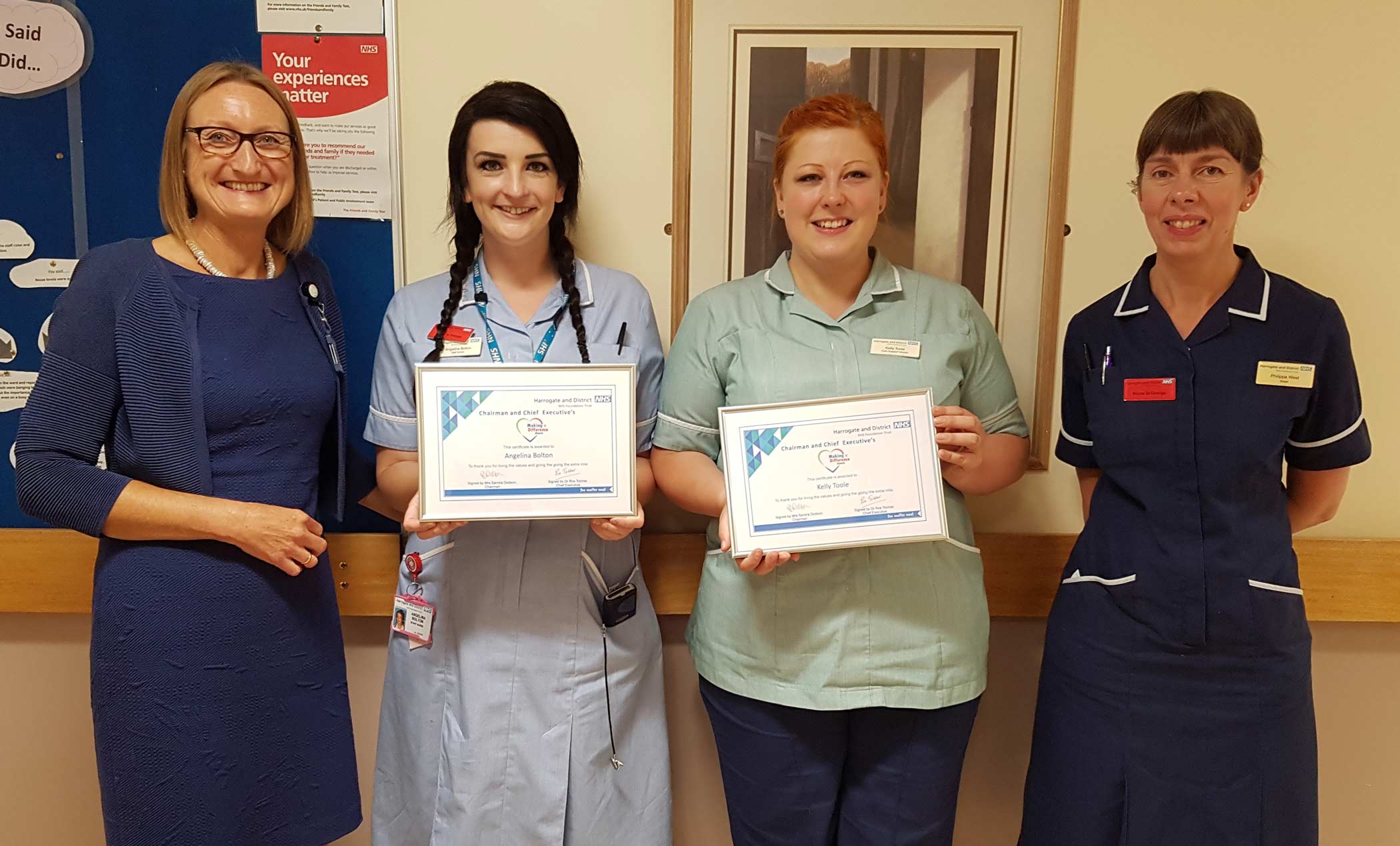 Ros Tolcher, Chief Executive; Angelina Bolton, Registered Nurse Worker; and Kelly Toole, Care Support Worker, with their Making a Difference Award certificate; and Phillippa West, Granby Ward Sister