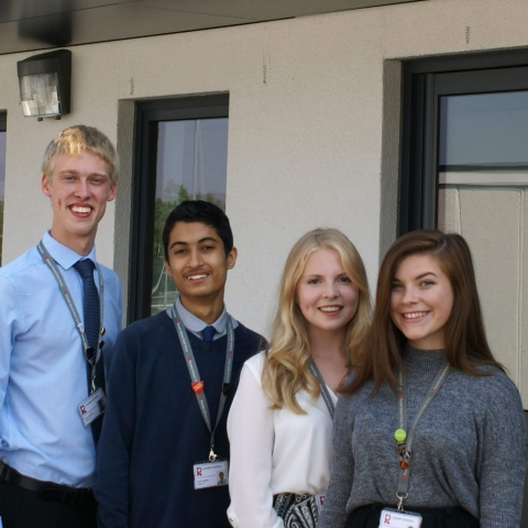 Head boy Daniel Corazzi, deputy Dylan Bahia, head girl Sophie Lee and deputy Elile Watson-Hornby, outside the new Rossett School Sixth Form Centre