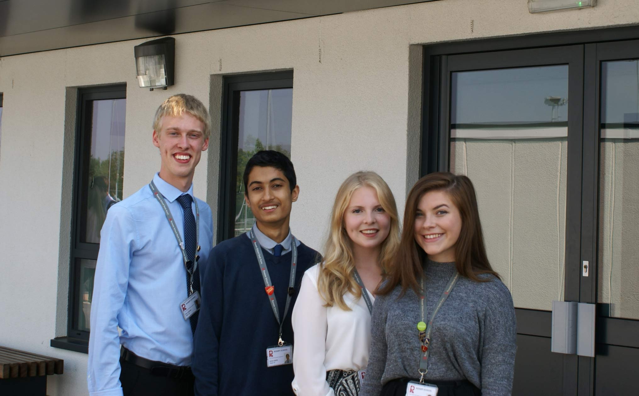 Head boy Daniel Corazzi, deputy Dylan Bahia, head girl Sophie Lee and deputy Elile Watson-Hornby, outside the new Rossett School Sixth Form Centre