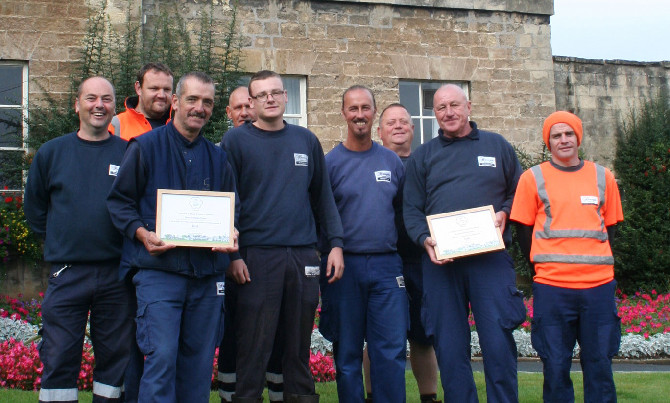 Keith Whincup (third from left) and fellow Harrogate Borough Council gardeners celebrate picking up two golds for their work in Knaresborough at this Year’s Yorkshire in Bloom awards