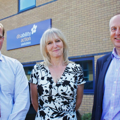 Chairman of The Board! Disability Action Yorkshire’s new Chair, Neil Revely (right) with outgoing Chair, Martyn Weller and Disability Action Yorkshire Chief Executive, Jackie Snape