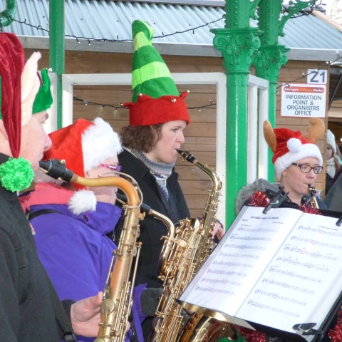 Musicians performing in the busking area at Harrogate Christmas Market in 2015