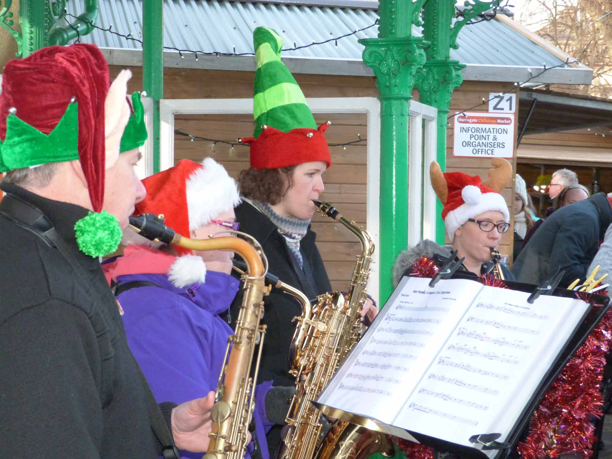 Musicians performing in the busking area at Harrogate Christmas Market in 2015