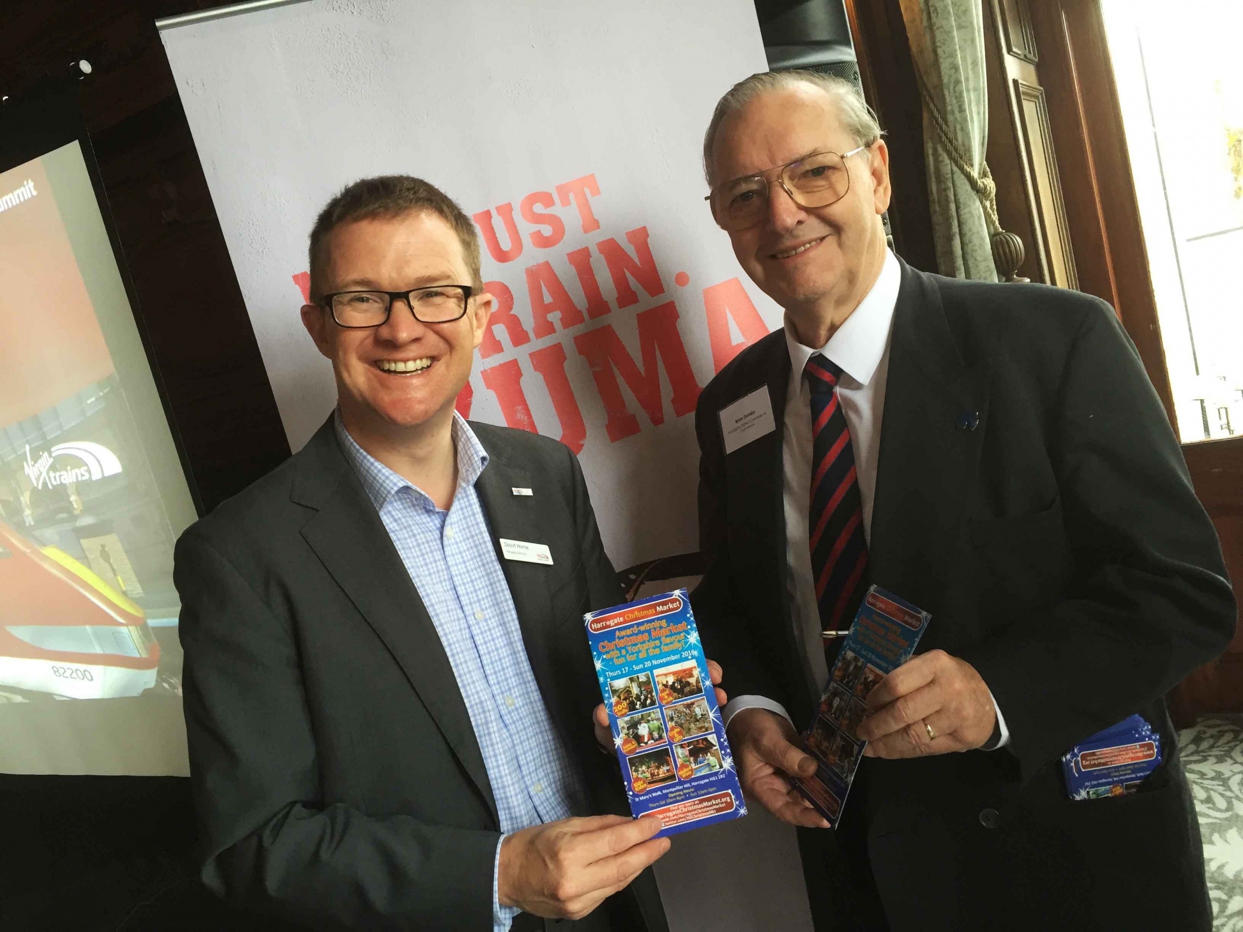 David Horne, managing director of Virgin Trains East Coast, announces the launch of special services from London to Harrogate for the annual Harrogate Christmas Market, with event organiser Brian Dunsby.