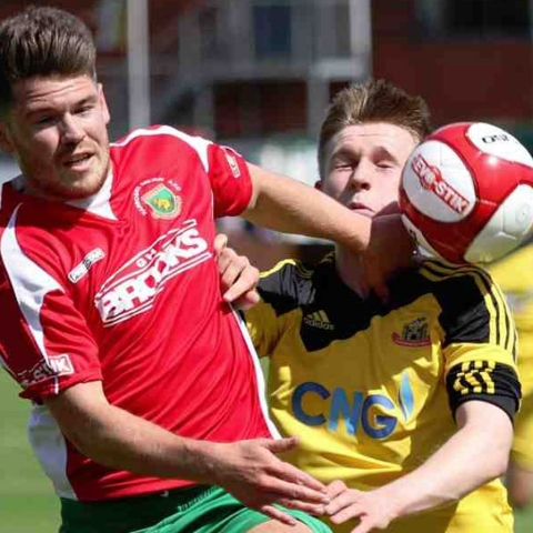 Simon Parkes Battles Ben Joyce For The Ball In This Seasons Pre Season Friendly At Harrogate Railway - Picture Craig Dinsdale