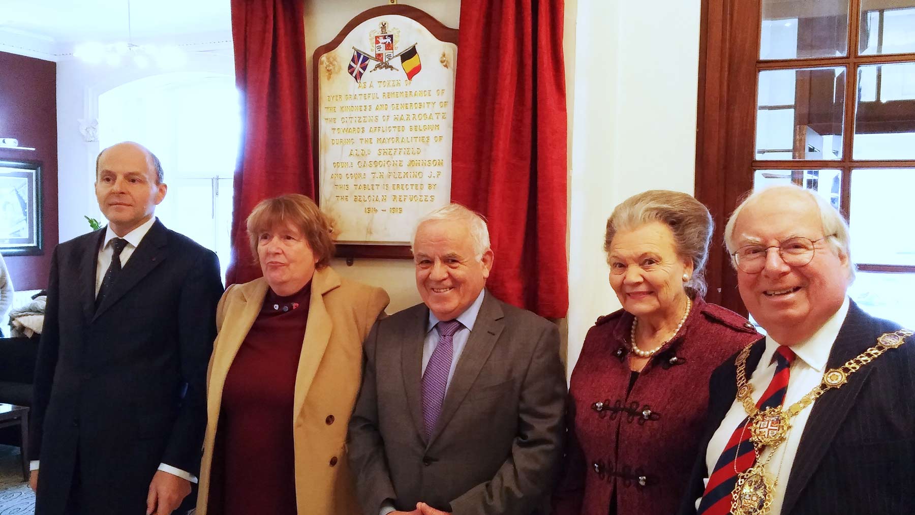 Belgian Consul Monsieur Bruno Marien, Mrs Margaret Power, Councillor Jim Clark, Councillor Shirley Fawcett and Councillor Nick Brown, the Mayor of the Borough of Harrogate