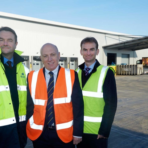 Pictured (L to R) outside the new Matthew Clark Wholesale Ltd purpose-built distribution hub at Thorp Arch Estate, Wetherby, which represents one of Yorkshire’s biggest commercial property deals in the last 18 months are: director of property and construction and consultants, LHL Group, York, Richard Hampshire; Matthew Clark Wholesale Ltd regional managing director, Ian Gordon and director of Wharfedale Property Management, Tim Munns