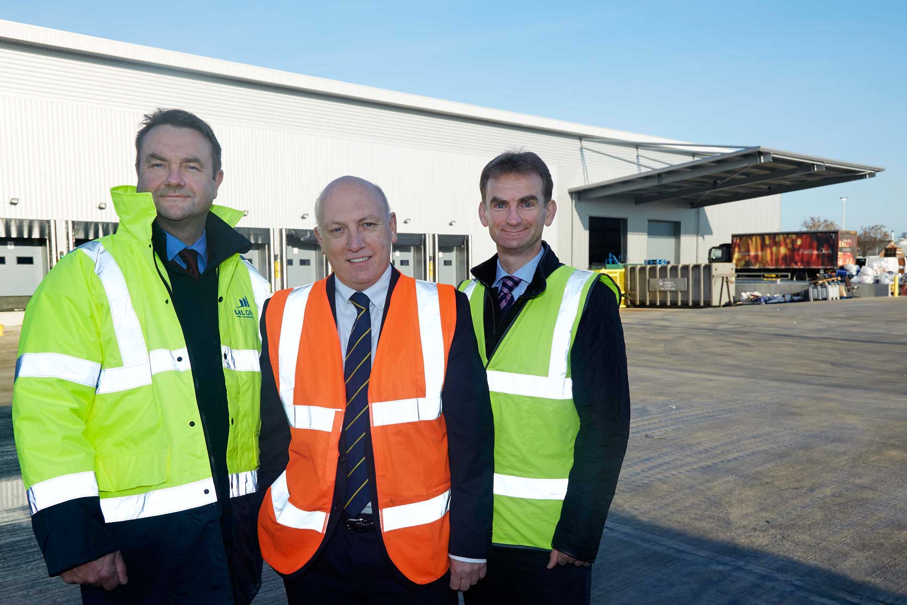 Pictured (L to R) outside the new Matthew Clark Wholesale Ltd purpose-built distribution hub at Thorp Arch Estate, Wetherby, which represents one of Yorkshire’s biggest commercial property deals in the last 18 months are: director of property and construction and consultants, LHL Group, York, Richard Hampshire; Matthew Clark Wholesale Ltd regional managing director, Ian Gordon and director of Wharfedale Property Management, Tim Munns