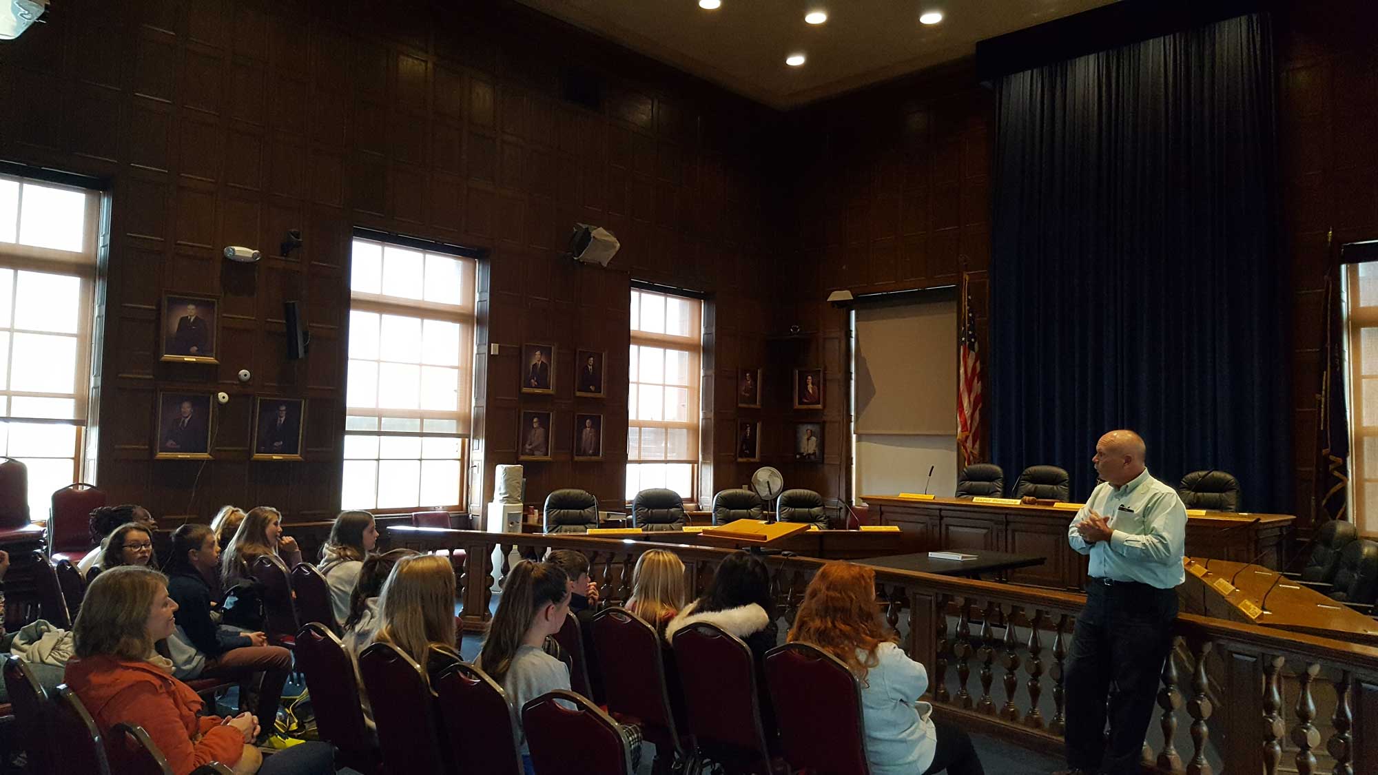 Rossett School students visit the Council Chamber at Portland City Hall during their American Exchange visit
