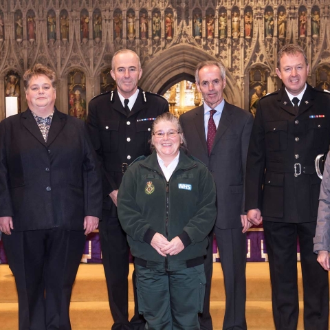 L-R on the step are : Fiona Ancell, Road Safety & Travel Awareness Officer from North Yorkshire County Council, Deputy Chief Constable Tim Madgwick from North Yorkshire Police, Cllr Don Mackenzie from North Yorkshire County Council and Area Manager Jonathan Foster from North Yorkshire Fire and Rescue. L-R below are: From Yorkshire Air Ambulance Olga Ashton and Karen Collie and Jaqueline Crossley from Yorkshire Ambulance Service
