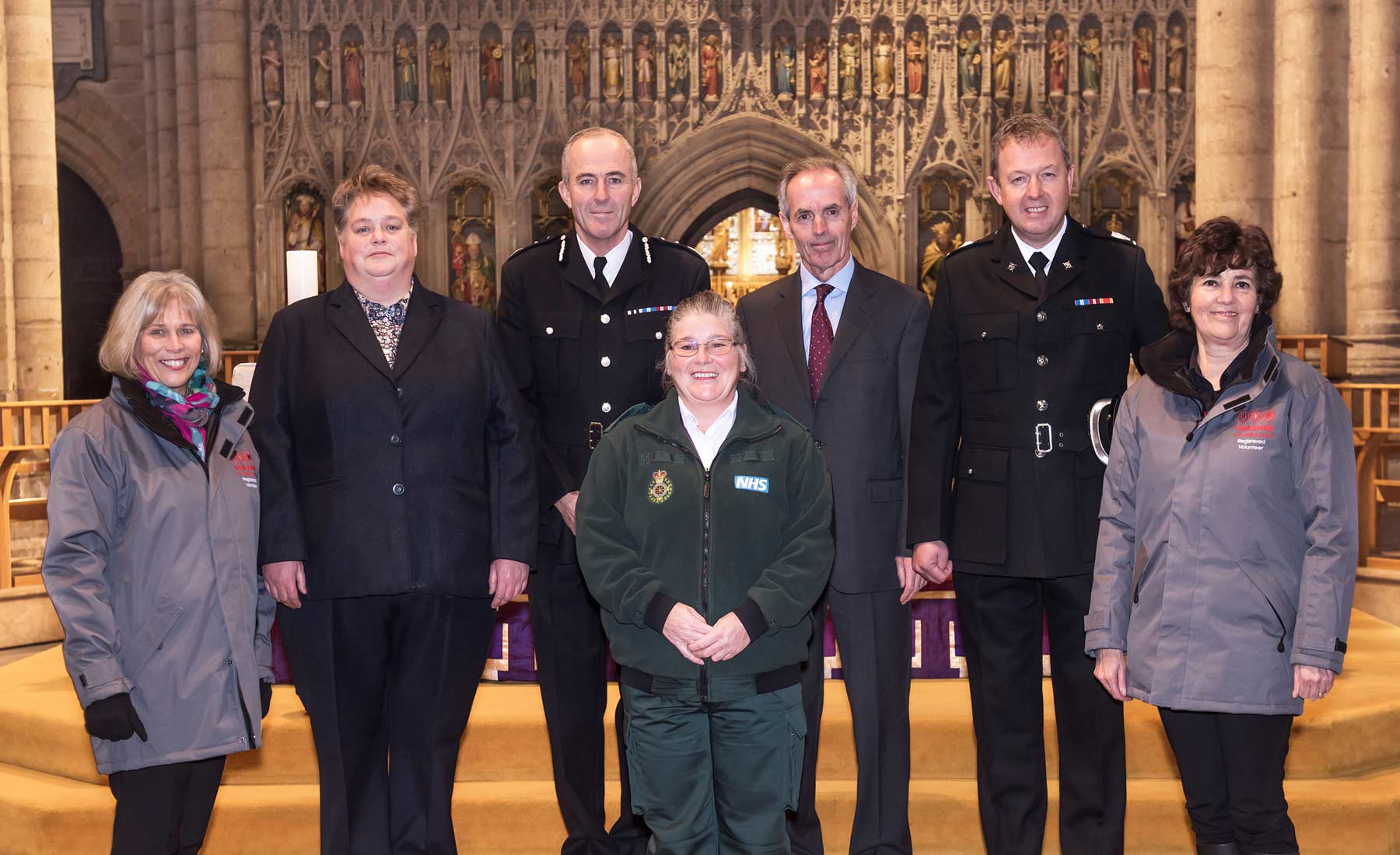 L-R on the step are : Fiona Ancell, Road Safety & Travel Awareness Officer from North Yorkshire County Council, Deputy Chief Constable Tim Madgwick from North Yorkshire Police, Cllr Don Mackenzie from North Yorkshire County Council and Area Manager Jonathan Foster from North Yorkshire Fire and Rescue. L-R below are: From Yorkshire Air Ambulance Olga Ashton and Karen Collie and Jaqueline Crossley from Yorkshire Ambulance Service