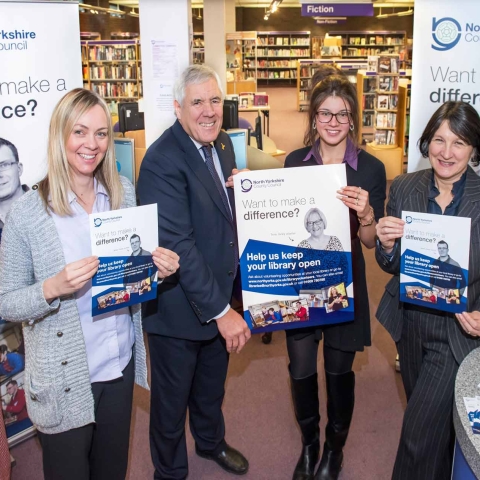 County Councillor Chris Metcalfe promotes the library volunteers campaign with, right, Julie Blaisdale, Assistant Director, Library and Community Services, and library team members Rachel Leahy, left, and Elivia Camilleri, second from right