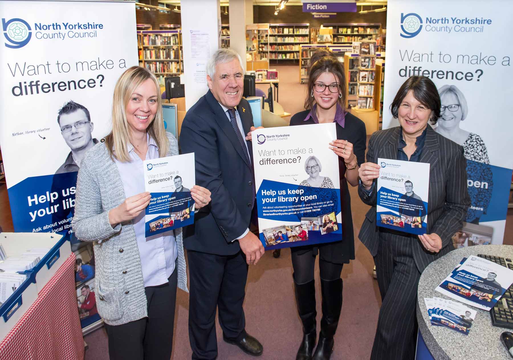 County Councillor Chris Metcalfe promotes the library volunteers campaign with, right, Julie Blaisdale, Assistant Director, Library and Community Services, and library team members Rachel Leahy, left, and Elivia Camilleri, second from right