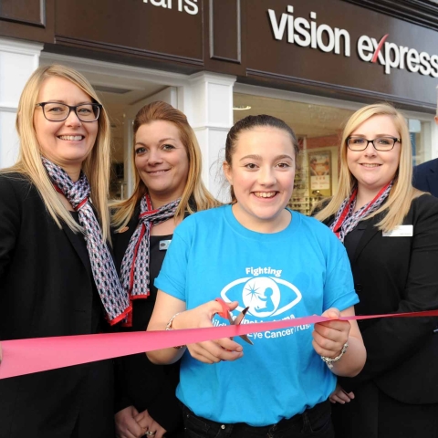 L-R Vision Express Wetherby store manager Sarah Mills, optical assistant Kay Reed, CHECT ambassador Hollie Atkinson, optical assistant Abigail Price and optometrist Stuart Webster
