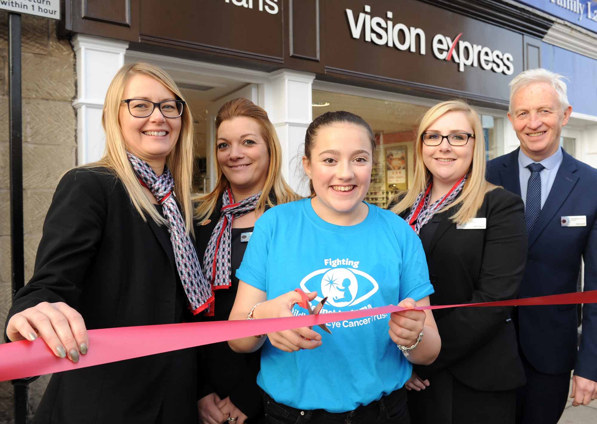 L-R Vision Express Wetherby store manager Sarah Mills, optical assistant Kay Reed, CHECT ambassador Hollie Atkinson, optical assistant Abigail Price and optometrist Stuart Webster