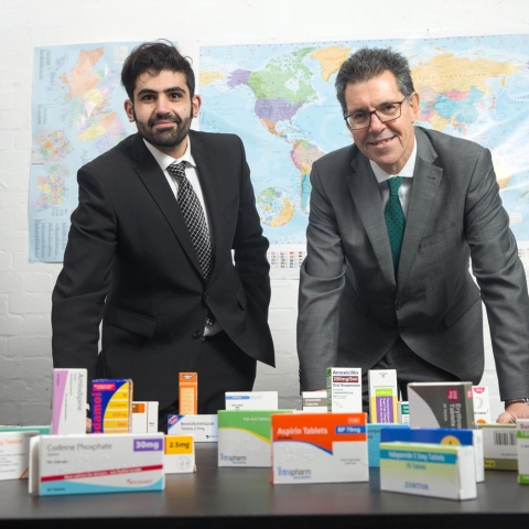 FIRST DELIVERY: CurePharma director, Mustafa Al-Shalechy (left) with Chamber International senior export adviser, David Attia, and samples of the medicines the company has exported in its first delivery to Iraq