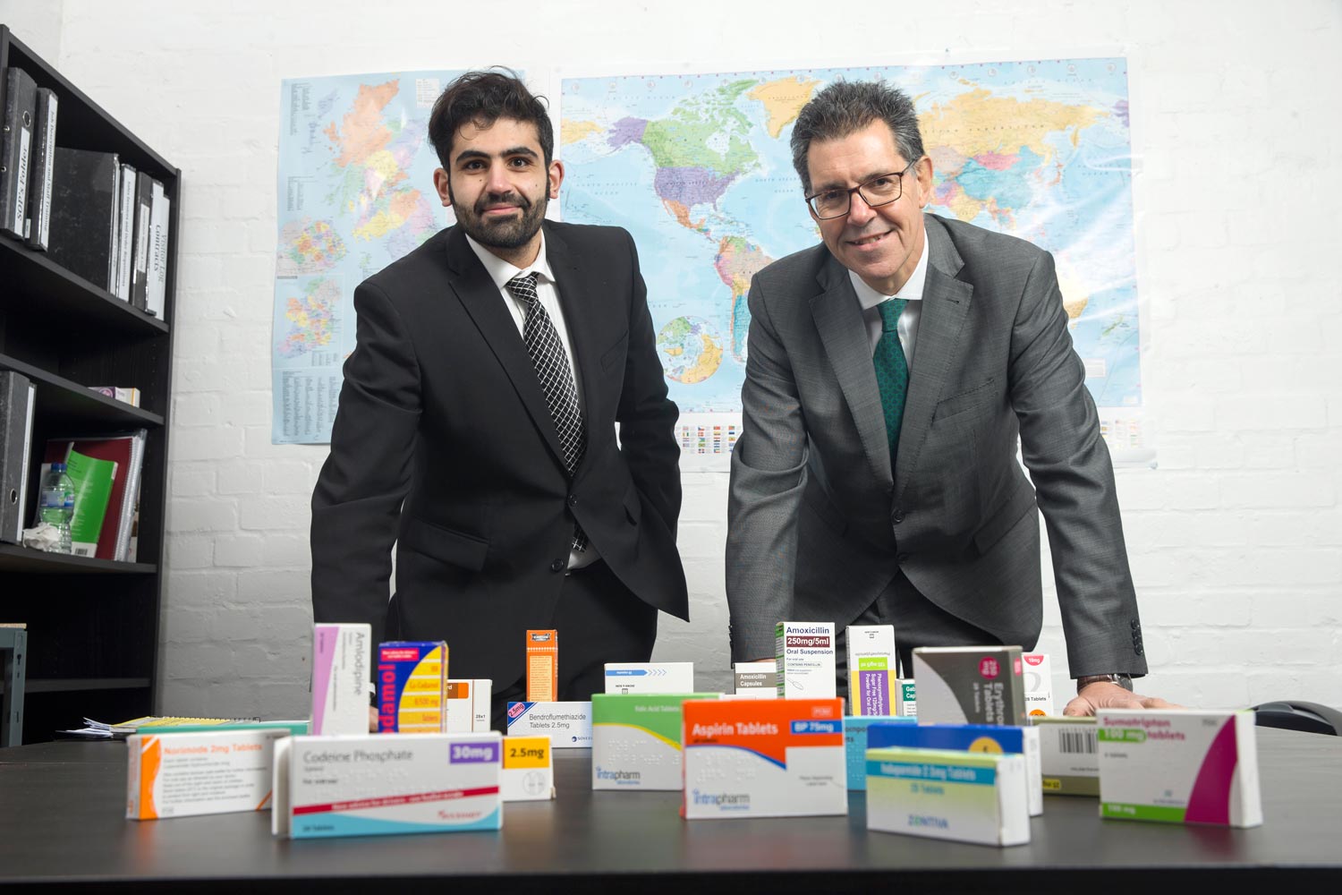FIRST DELIVERY: CurePharma director, Mustafa Al-Shalechy (left) with Chamber International senior export adviser, David Attia, and samples of the medicines the company has exported in its first delivery to Iraq