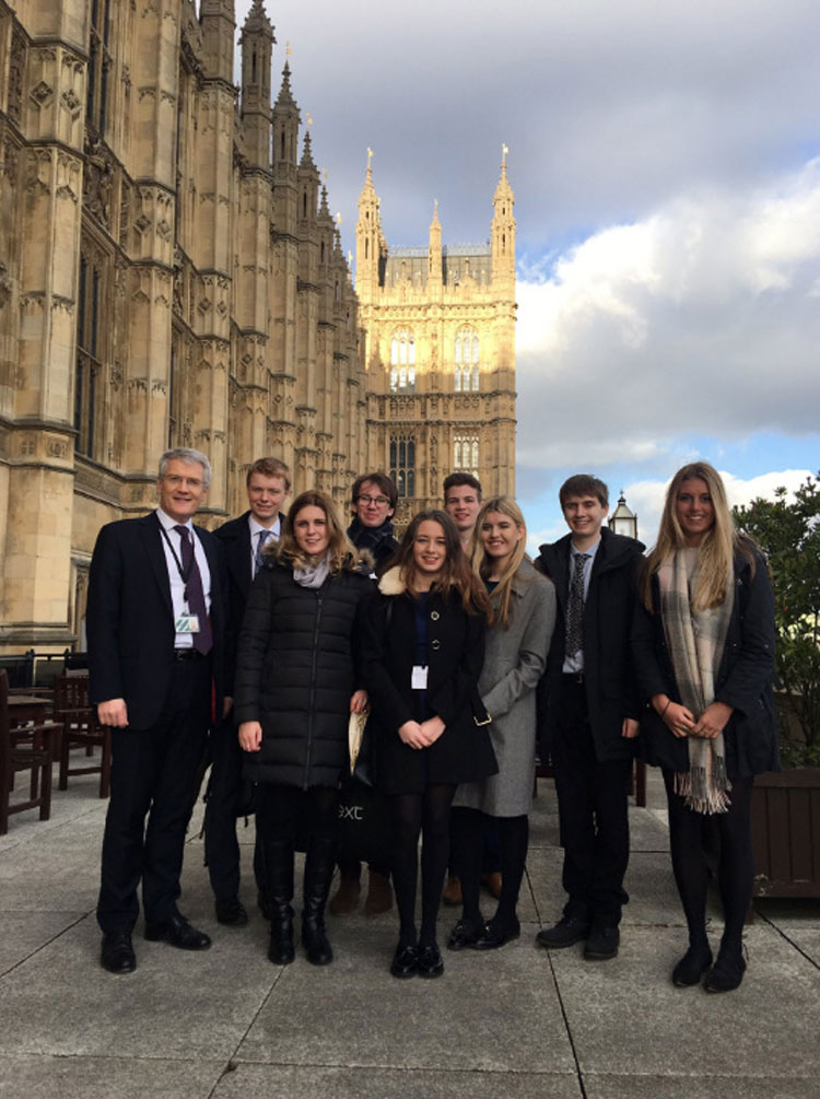 Back row – Local MP Andrew Jones, Head Boy: Will Giddings, Deputies: Jack Hennighan & Ben Smith. Front row – Deputy: Katie Lee, Hannah Nash, Head Girl: Eloise Hudson and Deputies: Albert Jennings & Phoebe Jamieson