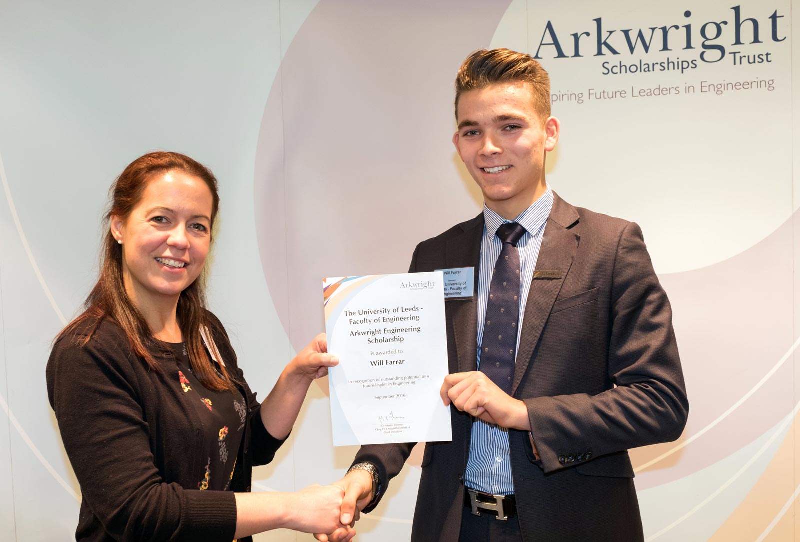 Student’s Success! Will Farrar accepts the Arkwright Engineering Scholarship from Dr Kerry Baker