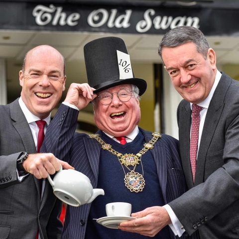 The Mayor of Harrogate, Coun Nick Brown, centre, turns Mad Hatter for his charity spring ball with, left, David Ritson of the Old Swan Hotel, and co-chairman of the organising committee, Chris Blundell