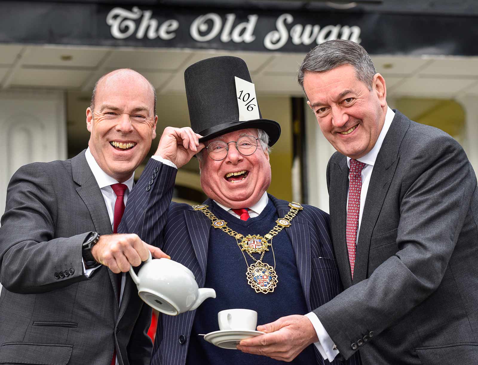 The Mayor of Harrogate, Coun Nick Brown, centre, turns Mad Hatter for his charity spring ball with, left, David Ritson of the Old Swan Hotel, and co-chairman of the organising committee, Chris Blundell