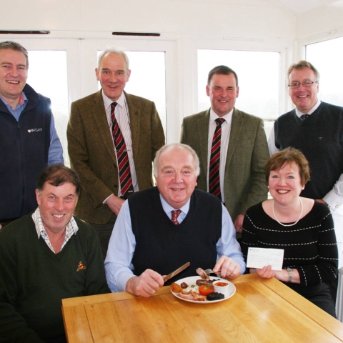 Ian Bell, chief executive of the Addington Fund, prepares to tuck into his charity breakfast, joined by hosts Chris and Christine Ryder. Standing, from left, are Barclays’ regional agricultural manager Ian Robson, Craven Cattle Marts’ general manager Jeremy Eaton, CCM director Kevin Wilson and Barclays’ regional agricultural director John Pinches