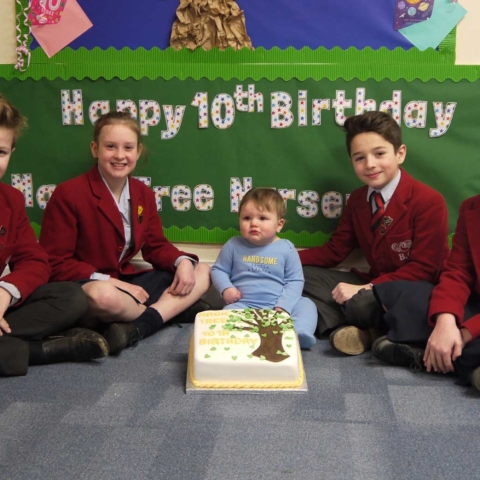 Belmont Grosvenor School pupils Perry Palmer, Mary Huber, Freddie Fothergill and Anna Garnett with Magic Tree Nursery youngster Harrison Rowe