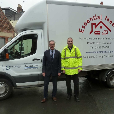 Essential Needs new van signage with Trustee, Cllr Don Mackenzie (left) and Essential Needs Driver, Phill Brownley