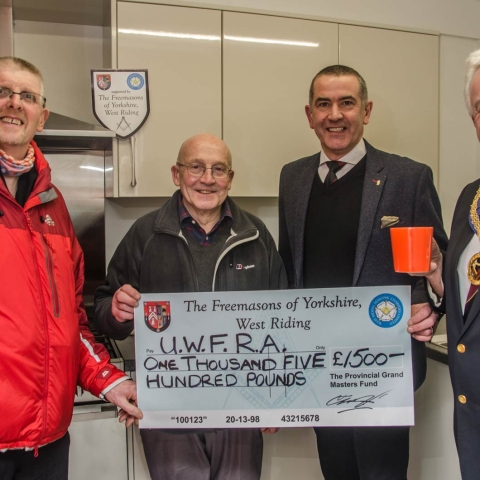 Freemasons To The Rescue! Pictured from left to right are Stuart Benson, Paul Collinge and Phil Atkinson from Olicana Lodge, and Roger Newhouse, the Assistant Provincial Grand Master of the Province of Yorkshire West Riding (picture by Sara Spillett)