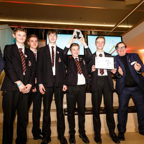 Product Design teacher – Dave Allen, HGS Year 10 students – Ben Jackson, Harris Calvert, Jonty Trott, Seb Cassidy and Oliver Bean, judge - Sebastian Conran and designer and broadcaster, Naomi Cleaver