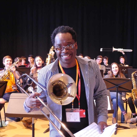 Dennis Rollins in rehearsal with students from Harrogate, Leeds and Garforth at The Grammar School at Leeds