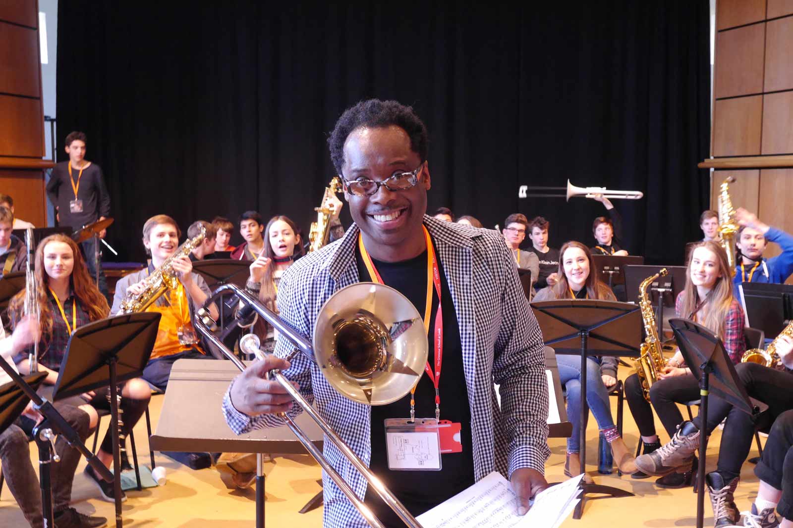 Dennis Rollins in rehearsal with students from Harrogate, Leeds and Garforth at The Grammar School at Leeds