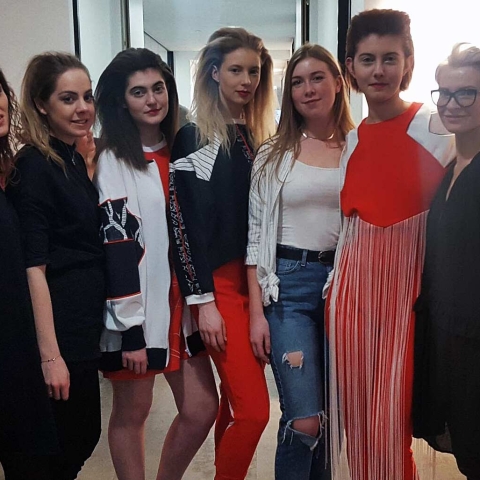 Jospeh Ferraro Team, Harrogate, from left to right Rita Tuska, Elaine Sneddon and Marzena Serafin (dressed in all black) with models and the designer at London Fashion Week